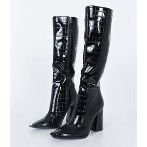 Princess Polly MERCURY Crocodile Heeled BOOTS Black Size 8 Square Toe